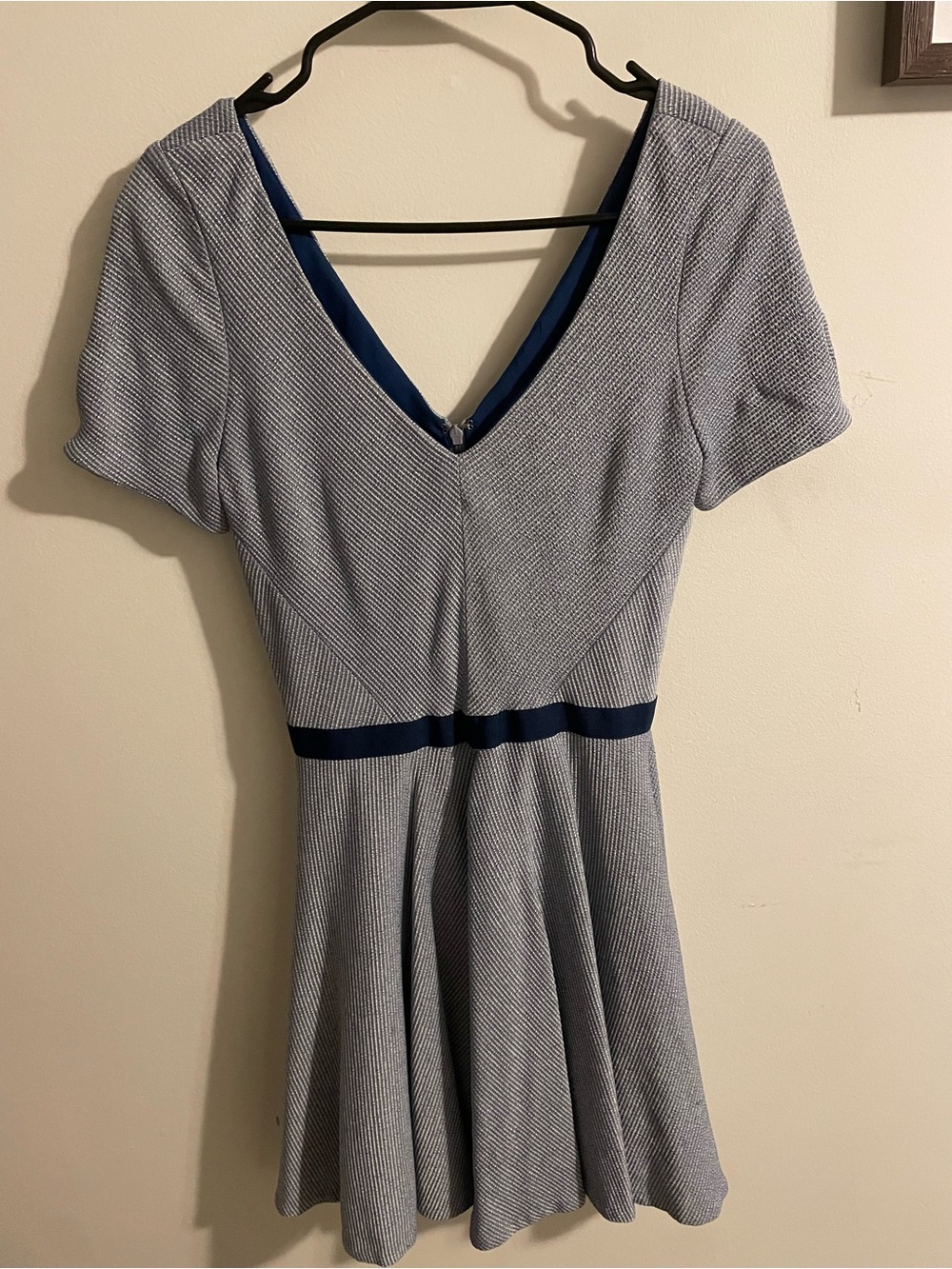 Zac Posen Light Blue Textured Fit-and-Flare Dress with Navy Waist Detail